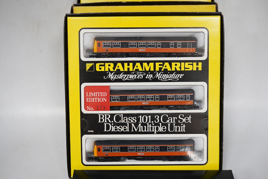 Four boxed Graham Farish N gauge railway Class 101 train packs; a BR Regional Railways 2-car DMU (8131), a Strathclyde 3-car DMU (814A), a BR 3-car DMU (8143) and a Network SouthEast 3-car DMU (8148). Condition - good.
